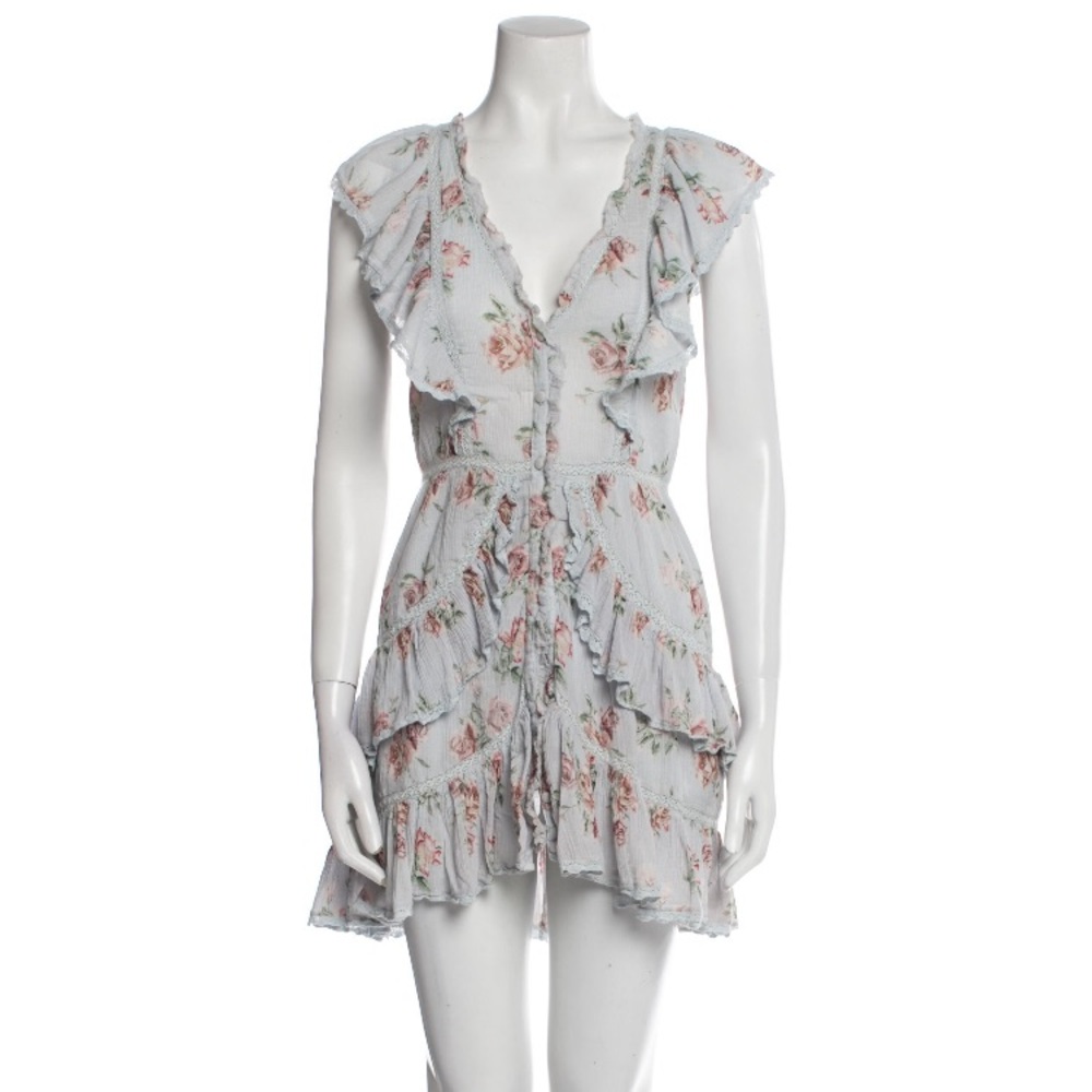 LoveShackFancy Floral Ruffle Mini Dress - Blue and Pink
